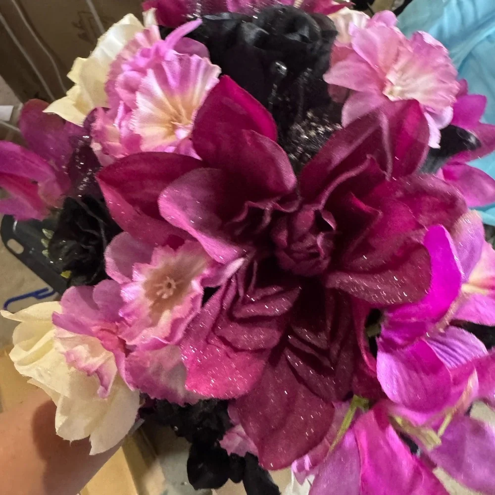 Silk Floral Bouquet in Cream, Black & Magenta - Home Accents